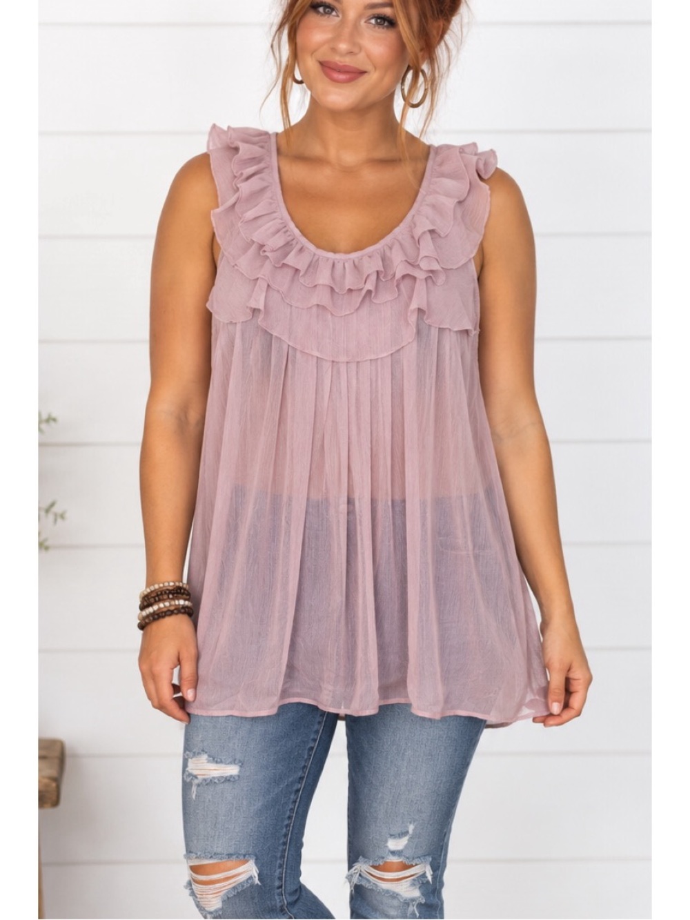 Tramp Dusty Mauve Ruffle Tank Top- Medium